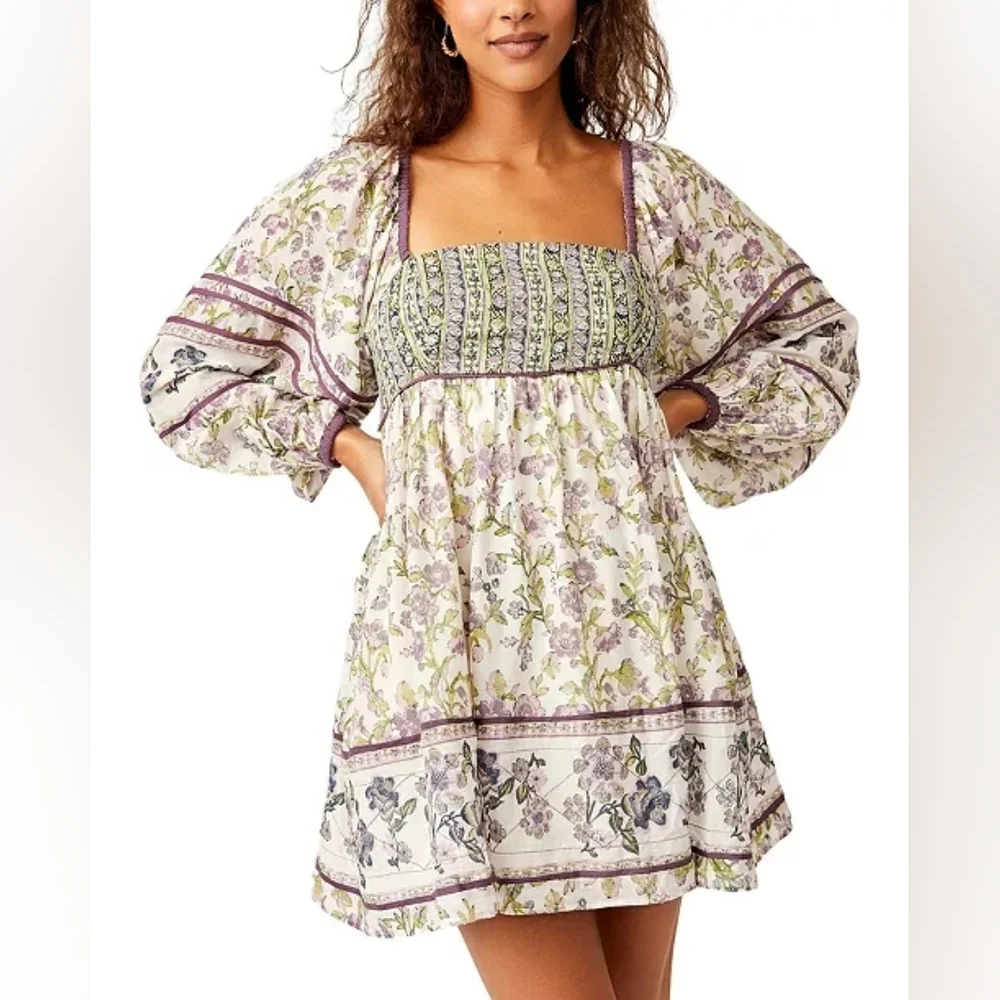 Free People Border Endless Afternoon Long Sleeves Mini Dress Ivory - Picture 1 of 2